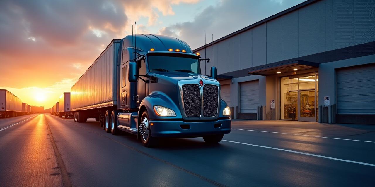 Modern cargo trucks and expansive warehouse facility